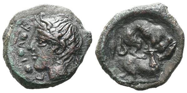 Sicily, Piakos, c. 420-400 BC. Æ Tetras or Trionkion (14 mm, 2.45 g).  - Auction GREEK & ROMAN PROVINCIAL COINS AND NUMISMATIC LITERATURE Including a wide selection of Alexandrian Coins from the Dattari Collection - Bertolami Fine Art - Prague