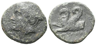 Ionia (Phokaia), Testa di Hermes con petasos; rovescio con grifone, moneta in bronzo (Æ), c. 225-...