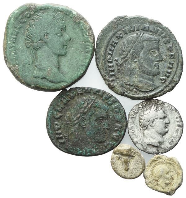Lot of 4 coins and 2 tesserae. Lot to be sold as is, no returns.