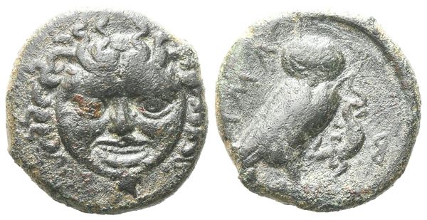 Sicily, Kamarina, c. 420-405 BC. Æ Tetras (16 mm, 3.71 g).  - Auction GREEK & ROMAN PROVINCIAL COINS AND NUMISMATIC LITERATURE Including a wide selection of Alexandrian Coins from the Dattari Collection - Bertolami Fine Art - Prague