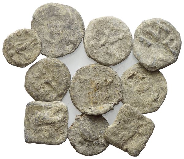 Lot of 10 lead tesserae. Lot to be sold as is, no returns.