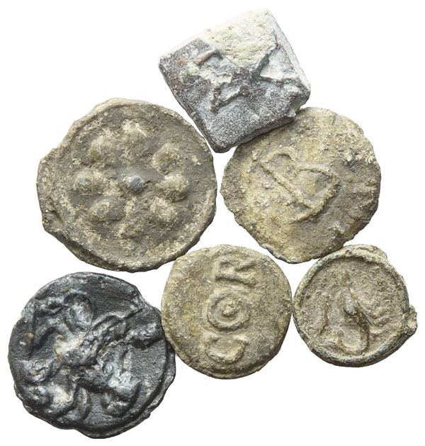 Lot of 6 lead tesserae. Lot to be sold as is, no returns.