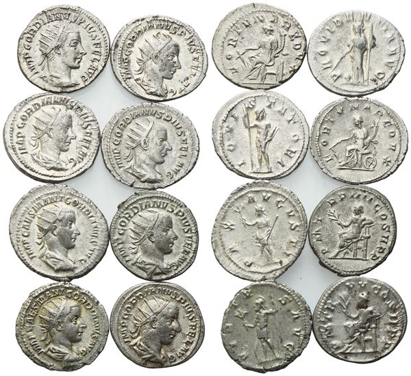 Lot of 8 Roman AR coins to be catalogued. Lot to be sold as is, no returns.