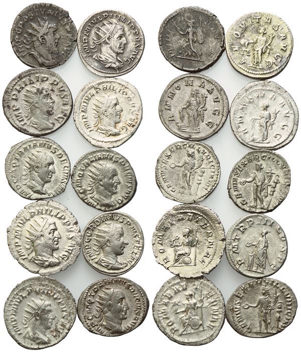 Lot of 10 Roman AR coins to be catalogued. Lot to be sold as is, no returns.