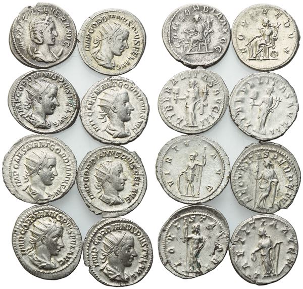 Lot of 8 Roman AR coins to be catalogued. Lot to be sold as is, no returns.