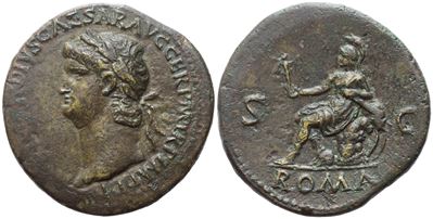 Nerone, Sestertius di Roma (Æ), dritto e rovescio con figure imperiali e Vittoria, ca. 65 d.C.