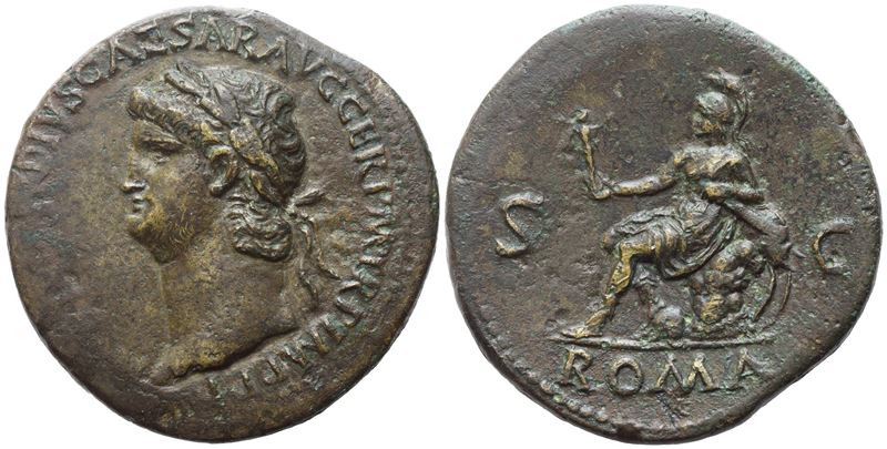 Nerone, Sestertius di Roma (Æ), dritto e rovescio con figure imperiali e Vittoria, ca. 65 d.C.