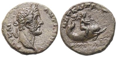 Antonino Pio, Æ 18 mm; Nicomedia (Bitinia), coniazione con ritratto laureato e Eros su delfino