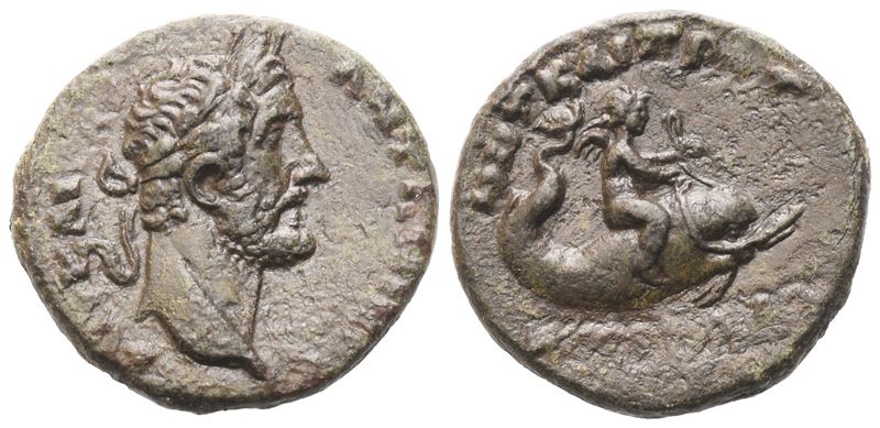 Antonino Pio, Æ 18 mm; Nicomedia (Bitinia), coniazione con ritratto laureato e Eros su delfino