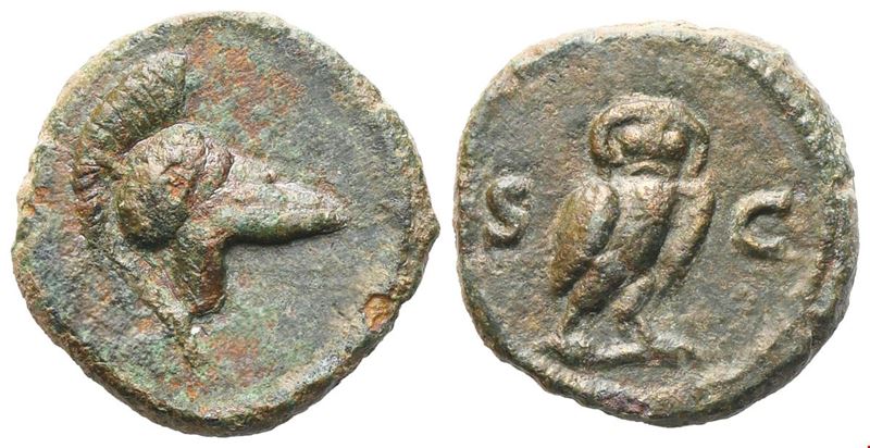 Anonimo, Quadrante in bronzo con testa di elmo crestata e legenda «S C» (Domiziano–Antonino Pio, ...