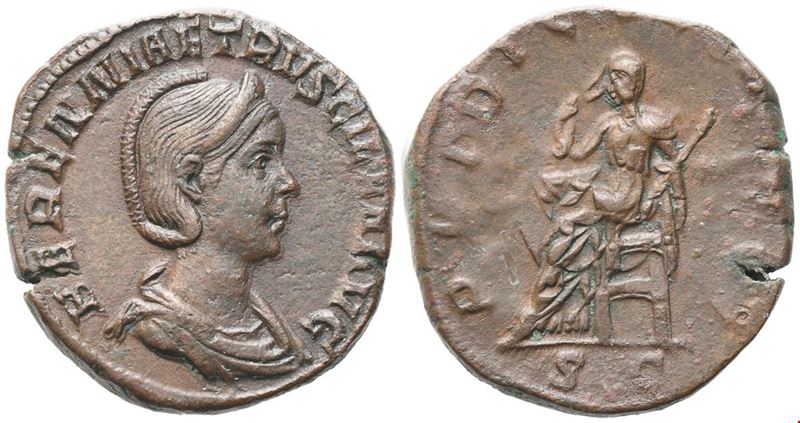 Herennia Etruscilla, Sestertzio con Pudicitia, conio sotto Traiano Decio, Roma, 249–251 (Æ)
