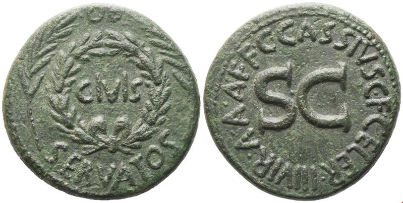 Augustus, Sesterzio (Oricalco), Roma, 16 a.C.; Æ con lamine (OB CIVIS SERVATOS) — C. Cassius Cele...
