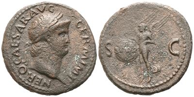 Nero (54-68) As, Rome, 65; Æ (11,53 G; 27 MM; 6 H)