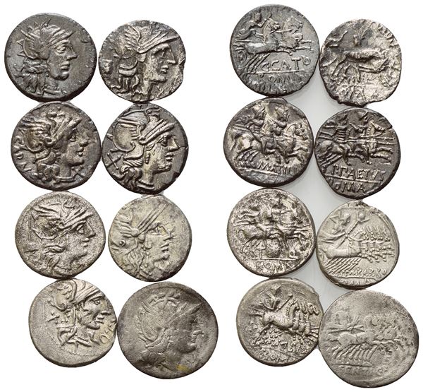 Lot of 8 Roman AR coins to be catalogued. Lot to be sold as is, no returns.
