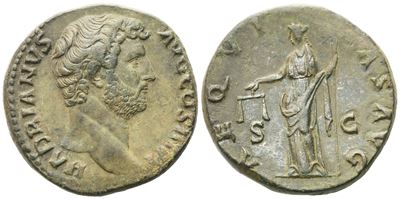 Hadrian (117–138), Sestertius (Roma), 134–138 — Æ (25,62 g; 29,6 mm; 6 h), Dritto: testa laureata...