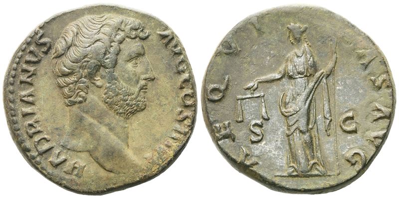 Hadrian (117–138), Sestertius (Roma), 134–138 — Æ (25,62 g; 29,6 mm; 6 h), Dritto: testa laureata...