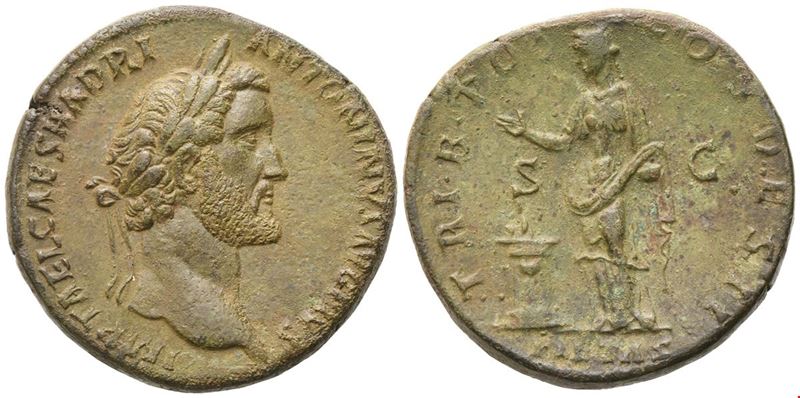 Antoninus Pius, Sesterzio (Æ) con dritto IMP T AEL CAES HADRI - ANTONINVS AVG PIVS, con testa nud...