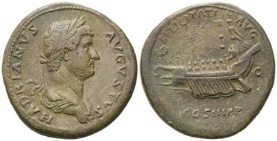 Adriano (117–138), Sesterzio di Roma, 132–134 d.C., bronzo (Æ) con testa laureata