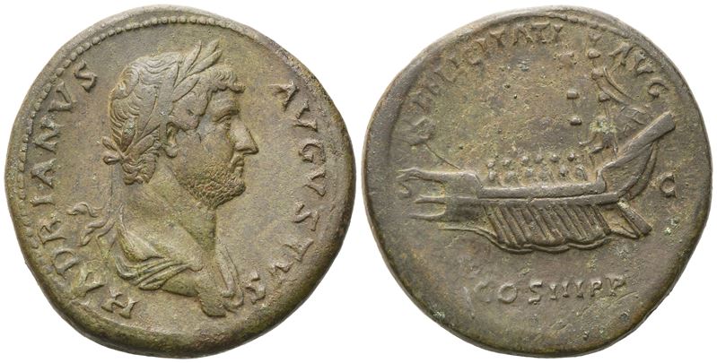 Adriano (117–138), Sesterzio di Roma, 132–134 d.C., bronzo (Æ) con testa laureata