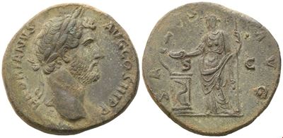Hadrian, Sestertius romano (134-138), bronzo Æ con testa laureata e Salus
