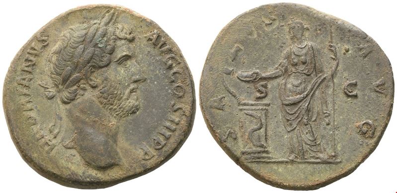Hadrian, Sestertius romano (134-138), bronzo Æ con testa laureata e Salus
