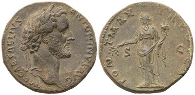 Antoninus Pius, Sestertius con testa laureata e Pax in piedi (Roma, 138 d.C.)