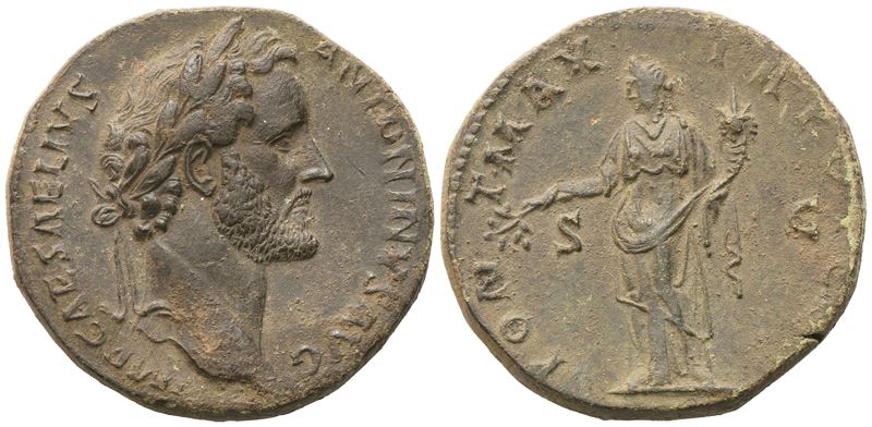 Antoninus Pius, Sestertius con testa laureata e Pax in piedi (Roma, 138 d.C.)