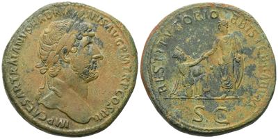 Adriano (117–138), Sesterzio romano (Æ) con busto laureato e scena “Restitutori Orbis Terrarum”