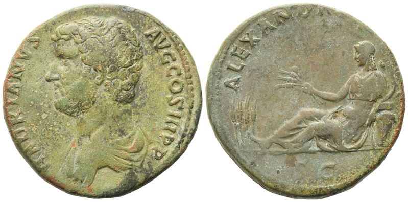 Hadrian, Sestertius (Roma), 134–138 d.C., Æ, busto diademato laureato? (Draped bust) e scena con ...