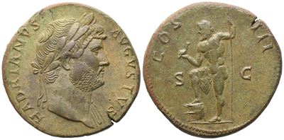 Adriano, Sesterzio con busto laureato (Hadrianus Augustus), Roma, 125-128 d.C.