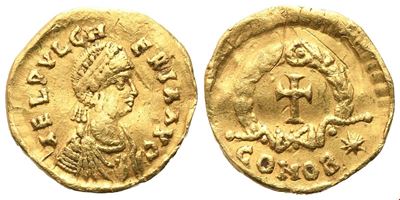 Aelia Pulcheria, Tremissis coniato sotto Teodosio II, Costantinopoli, 444