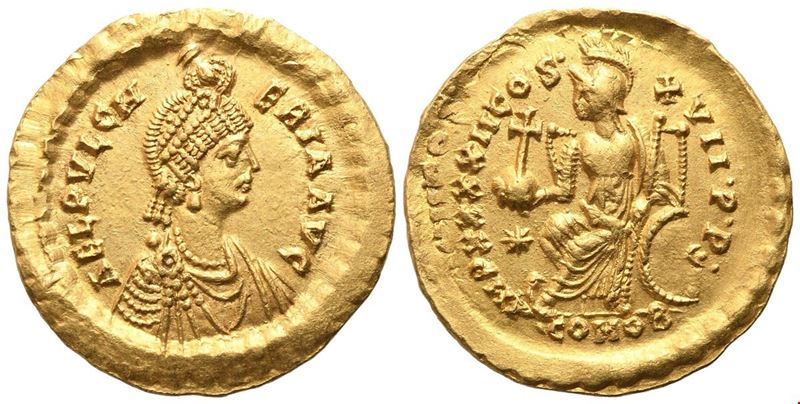 Aelia Pulcheria, Solidus con busto velato e diadema, battuto a Costantinopoli (442–443 ca.), AV