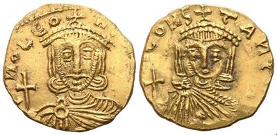 Anonimo, Solidus bizantino con Leone III (717–741) e Costantino V, Syracuse, AV