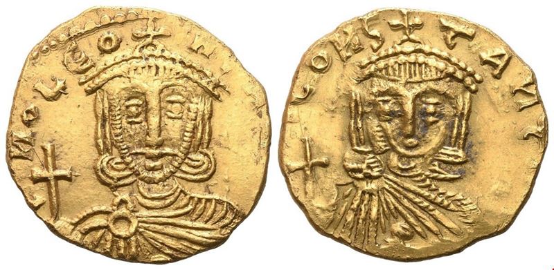 Anonimo, Solidus bizantino con Leone III (717–741) e Costantino V, Syracuse, AV