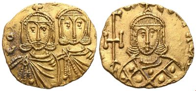 Imperatore Costantino V (741-775) con Leone IV e Leone III, Solido, zecca di Siracusa