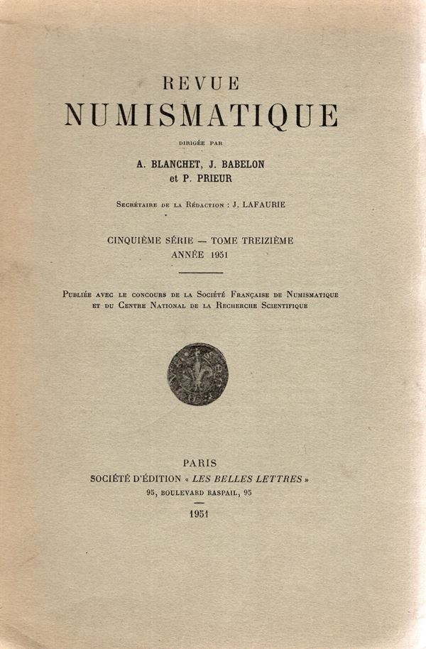 REVUE NUMISMATIQUE - Paris, 1951. pp 173, tavole 8. brossura ed. sciupata, interno ancora intonso, buono stato. ottimi lavori di numismatica antica, medioevale ect. ect