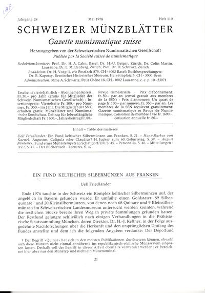 Friedlander U. - Ein Fund Keltischer Silbermunzen Aus Franken. Bern, 1978. Pp 21 - 38, Tavv. 4. B...