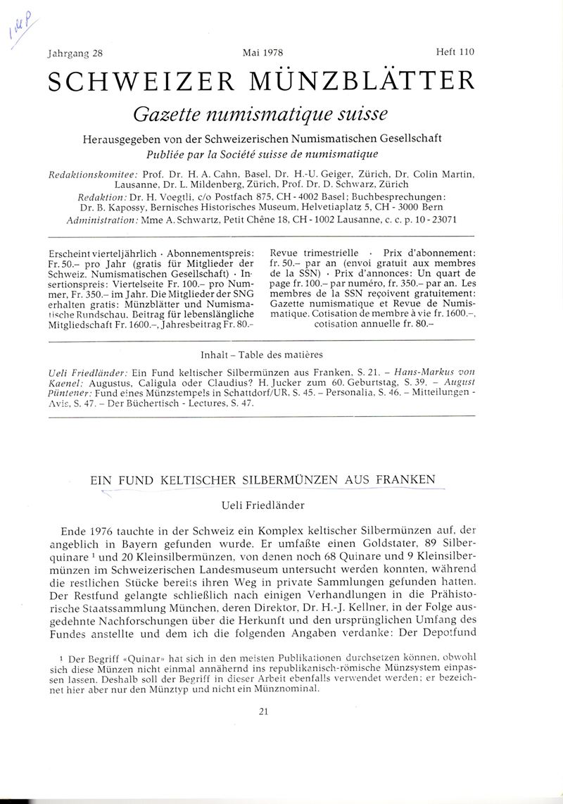 Friedlander U. - Ein Fund Keltischer Silbermunzen Aus Franken. Bern, 1978. Pp 21 - 38, Tavv. 4. B...