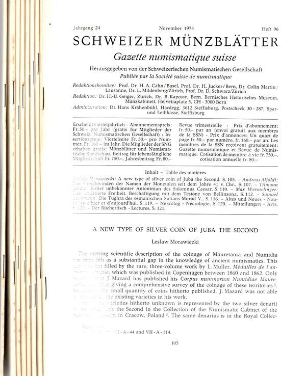 GAZETTE NUMISMATIQUE SUISSE. Bern, 1973 - 1974. 8 fascicoli completi, con 200 piu pagine con illustrazioni.  Brossure editoriale, ottimo stato. importanti articoli di numismatica antica a medioevale.