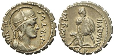 Mn. Aquillius Mn.f. Mn.n., Rome, 65 Bc. Ar Serrate Denarius (19mm, 3.74g).