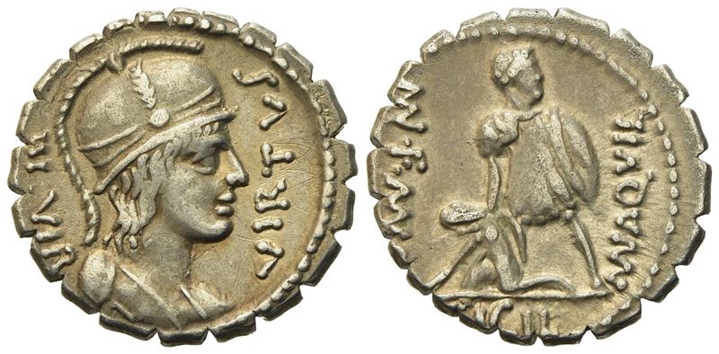 Mn. Aquillius Mn.f. Mn.n., Rome, 65 Bc. Ar Serrate Denarius (19mm, 3.74g).
