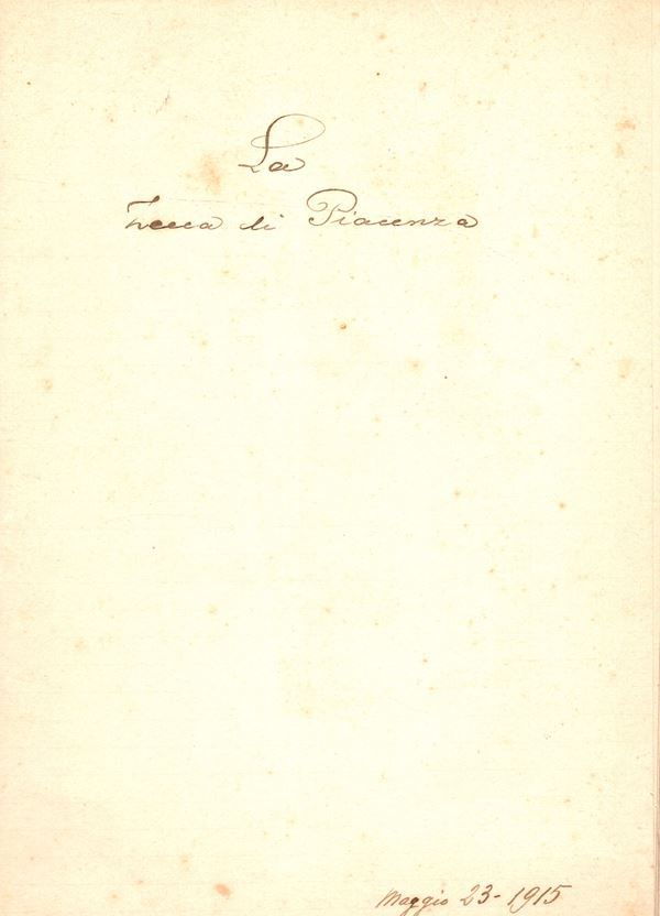 ANONIMO. - Manoscritto. Zecca Piacenza  23 – Maggio, 1915. Manoscritto su La zecca di Piacenza.  Pp. 50 + 5. Brossura, bella calligrafia  fogli sciolti numerati raccolti in vecchia cartella  buono stato. raro