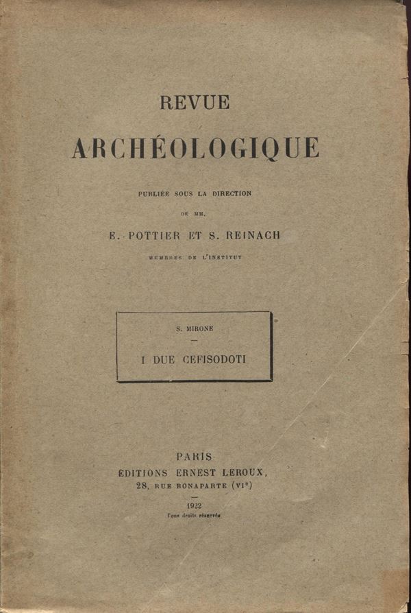 MIRONE  S. -  I due Cefisodoti. Paris, 1922.  pp. 56, tavv. 1 di monete. Ril ed intonso, buono stato. di rara apparizione sul mercato numismatico.