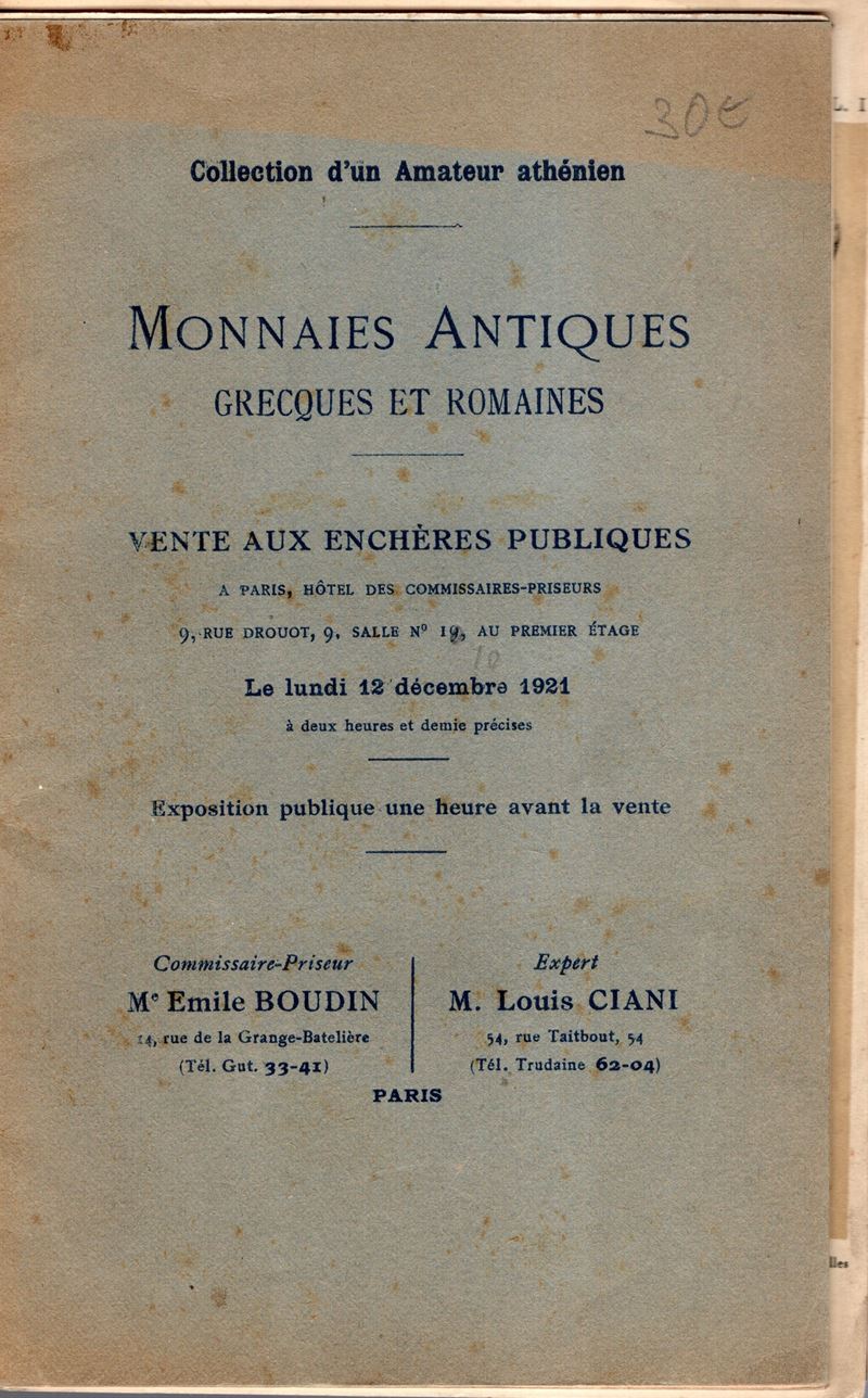Ciani L. – Paris, 12 – Decembre, 1921. Monnaies Antiques, Grecques Et Romaines. Collection D’un A...