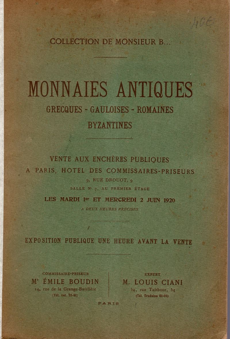 Ciani Louis - Paris, 1\2 - Juin, 1920. Collection De Monsieur B… Monaies Antiques Grecques - Gaul...