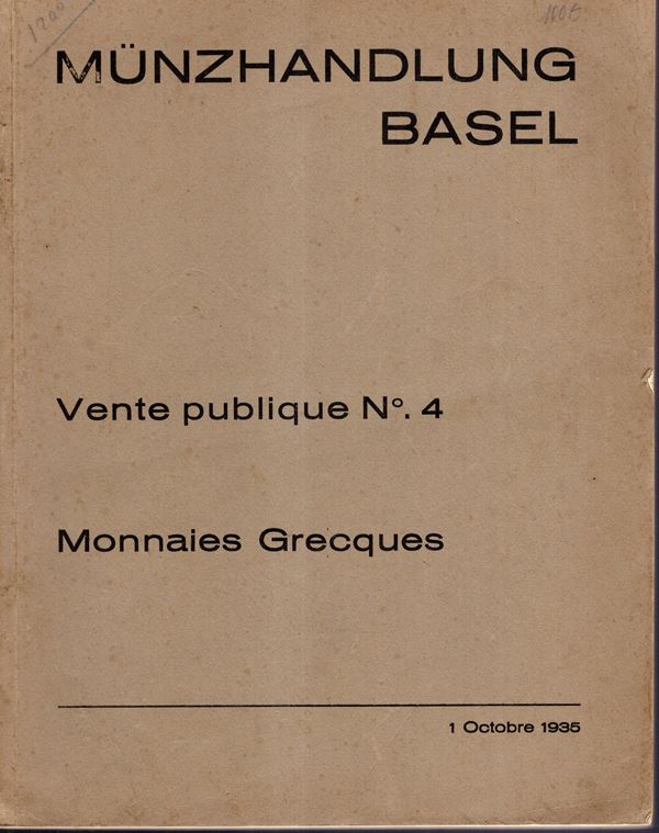 MUNZHANDLUNG BASEL. – Vente publique  4. Basel,  1 –  October, 1935. Monnaies grecques, Collection PRINCE WALDECK; ( grande series de monnaie d’Italia et de Sicilie.
C.te c. de B.  Collection  RICHARD CARTWRIGHT. serie speciale d’Aes Grave – Monnaies des