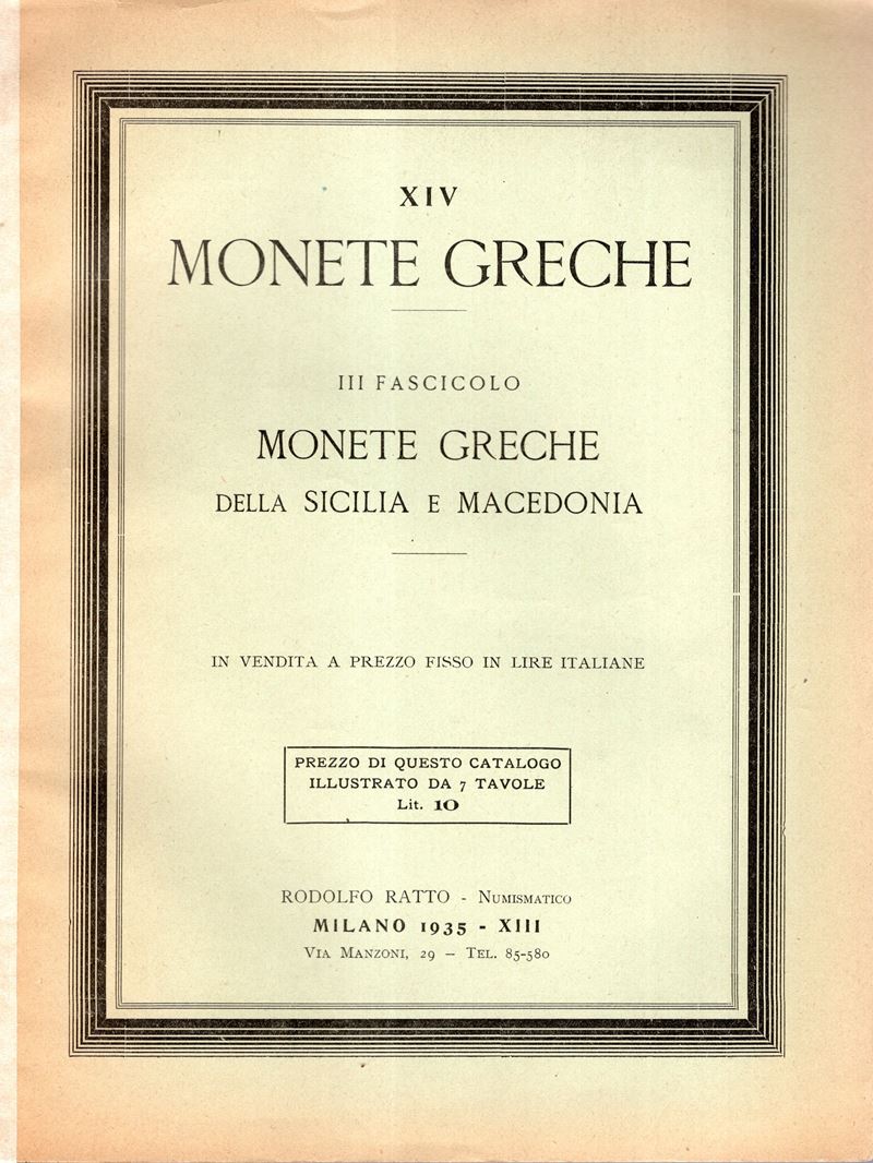 Ratto R. – Milano, 1935. Fascicolo XIV Listino a Prezzi Fissi III Fascicolo. Monete Greche della ...