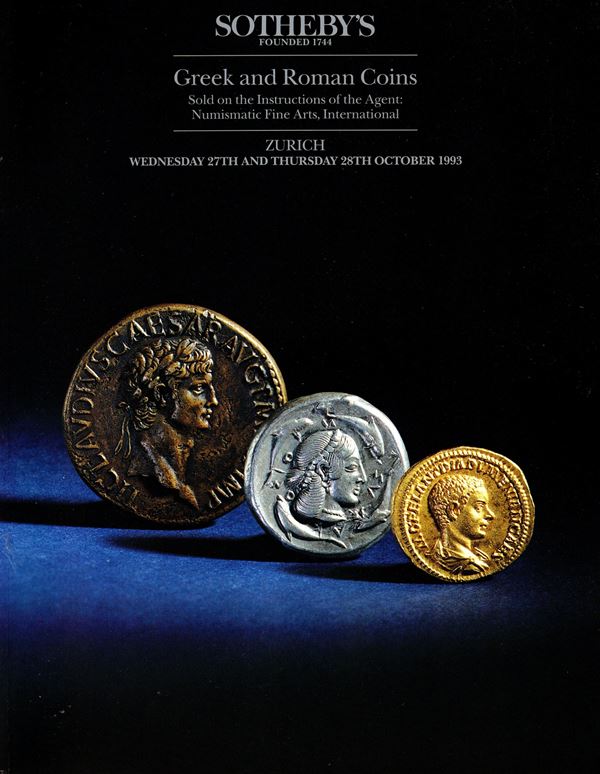 SOTHEBY’S. – Zurich, 27\28 – October, 1993. Greek and Roman coins.  Pp. num.  nn. 157 – 1890, tutti illustrati nel testo + 13 tavv. a colori. Legatura ed. interno ottimo stato
