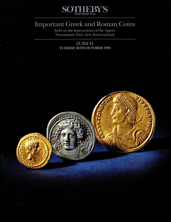 SOTHEBY’S. –  Zurich,  26 – October, 1993. Important Greek and Roman coins.  Nn. 156, tutti illustrati in  b\n + tavole a colori con ingrandimenti. Legatura ed. interno ottimo stato,