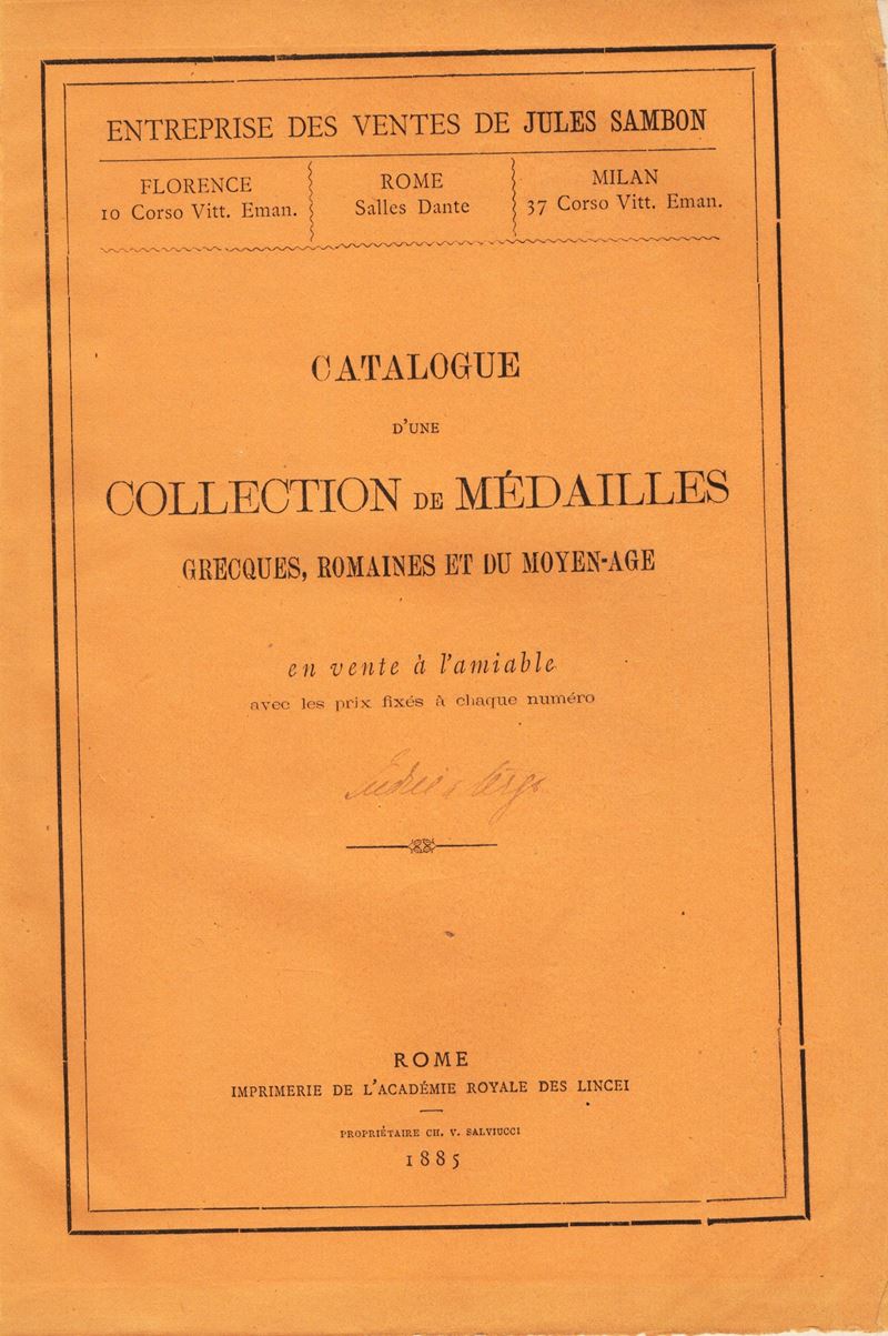 Sambon Jules – Roma 1885. Catalogues a Prix Fixes D’une Collection De Medailles Grecques, Romaine...